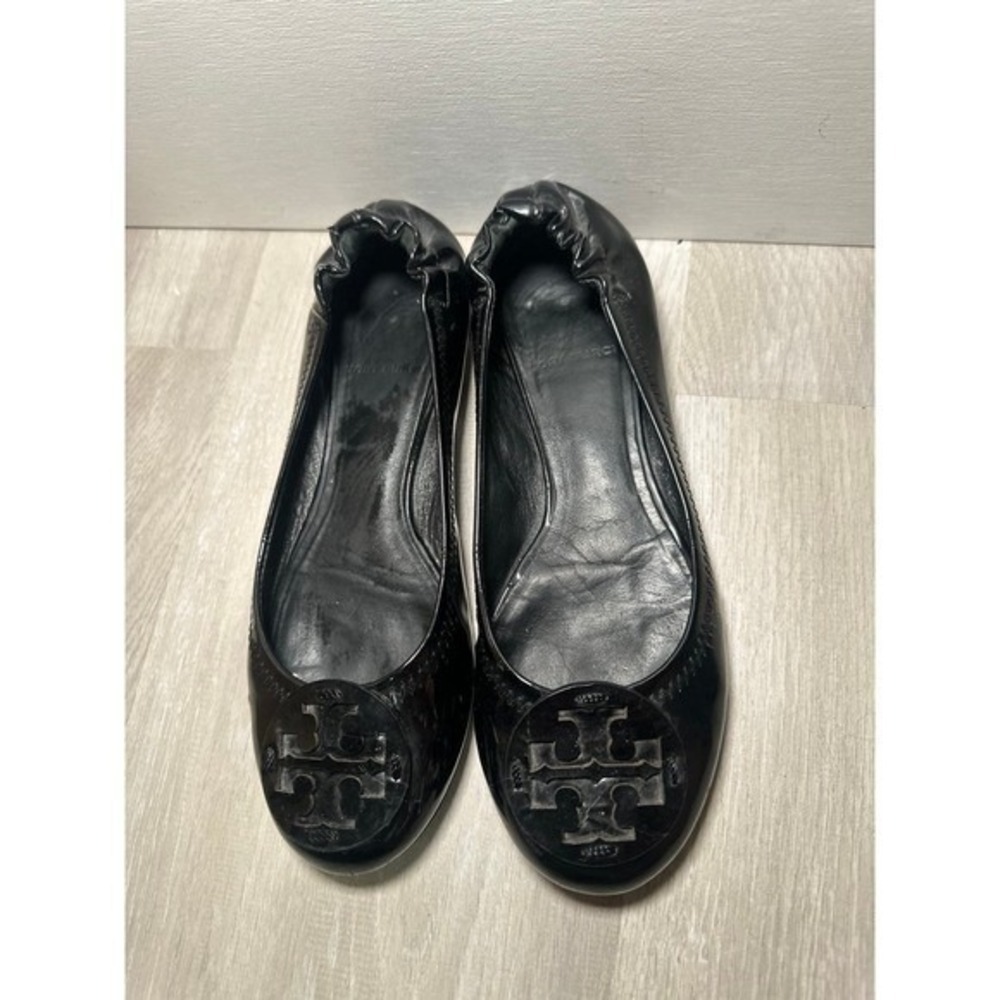 Tory Burch Reva Ballet Flats Women 5 Black Good Patent Leather Logo Scrunch